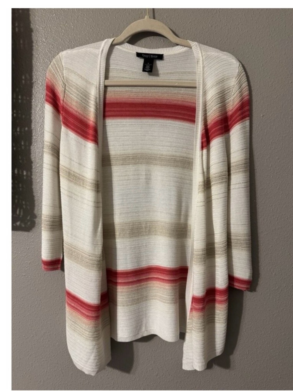 White House Black Market Cream Cardigan with coral and pink and Tan Stripes